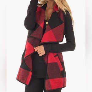 Yacun Buffalo‎ Black Red Plaid Open Front Vest Size Small